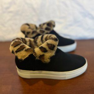 New! Black Platform Booties with Leopard Print Faux Fur Lining